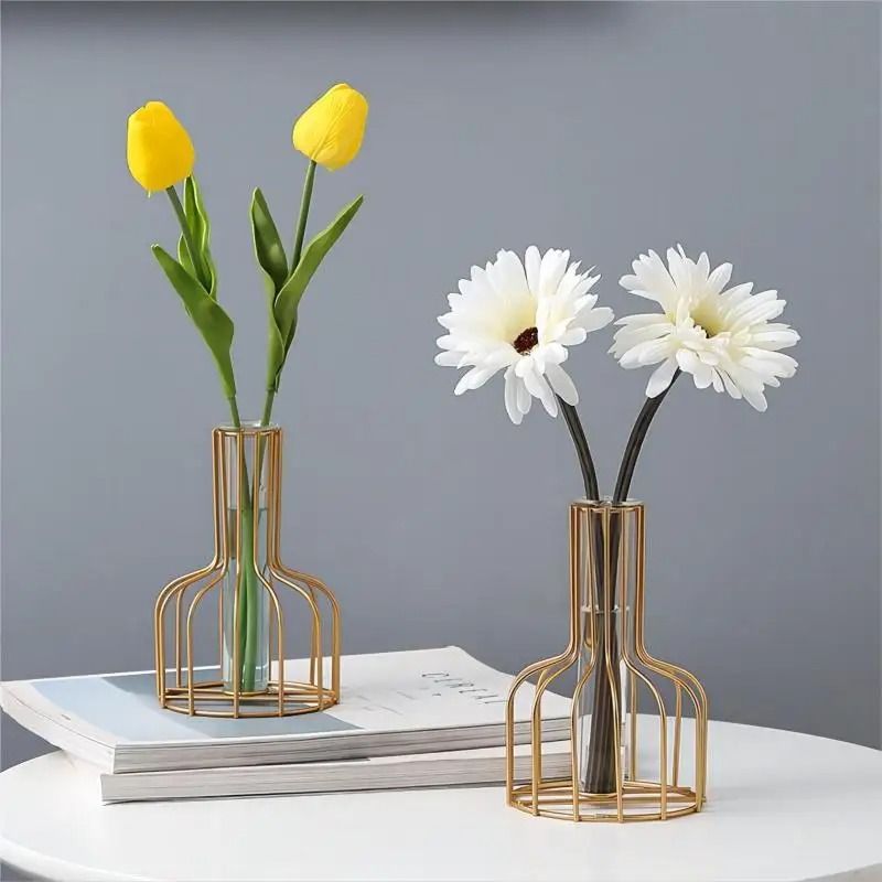 Golden Iron Vase with Clear Tube Modern Flower Holder for Dried Flowers and Home Decor