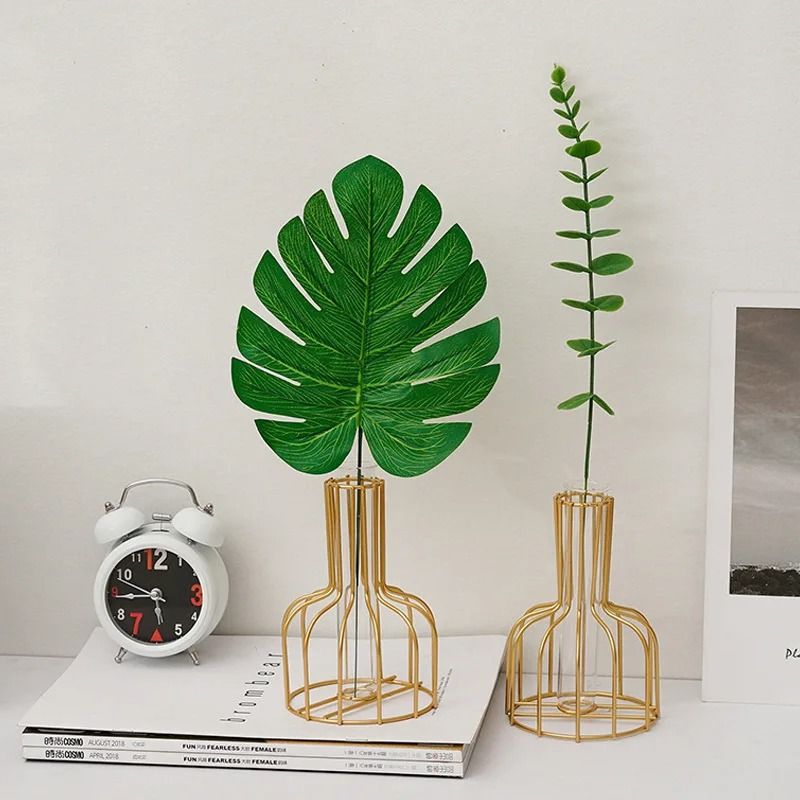 Golden Iron Vase with Clear Tube Modern Flower Holder for Dried Flowers and Home Decor