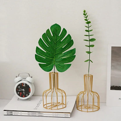 Golden Iron Vase with Clear Tube Modern Flower Holder for Dried Flowers and Home Decor