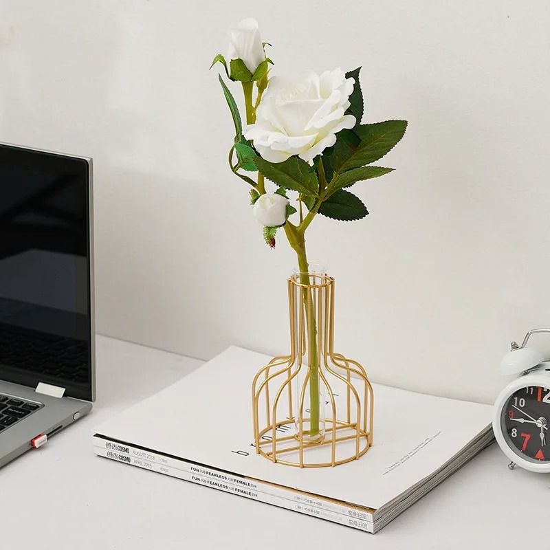 Golden Iron Vase with Clear Tube Modern Flower Holder for Dried Flowers and Home Decor