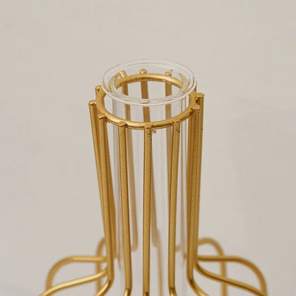 Golden Iron Vase with Clear Tube Modern Flower Holder for Dried Flowers and Home Decor