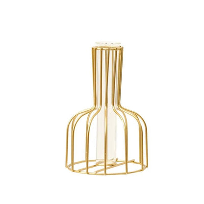 Golden Iron Vase with Clear Tube Modern Flower Holder for Dried Flowers and Home Decor