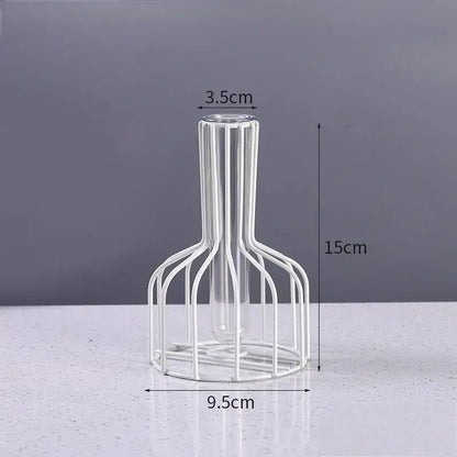 Golden Iron Vase with Clear Tube Modern Flower Holder for Dried Flowers and Home Decor
