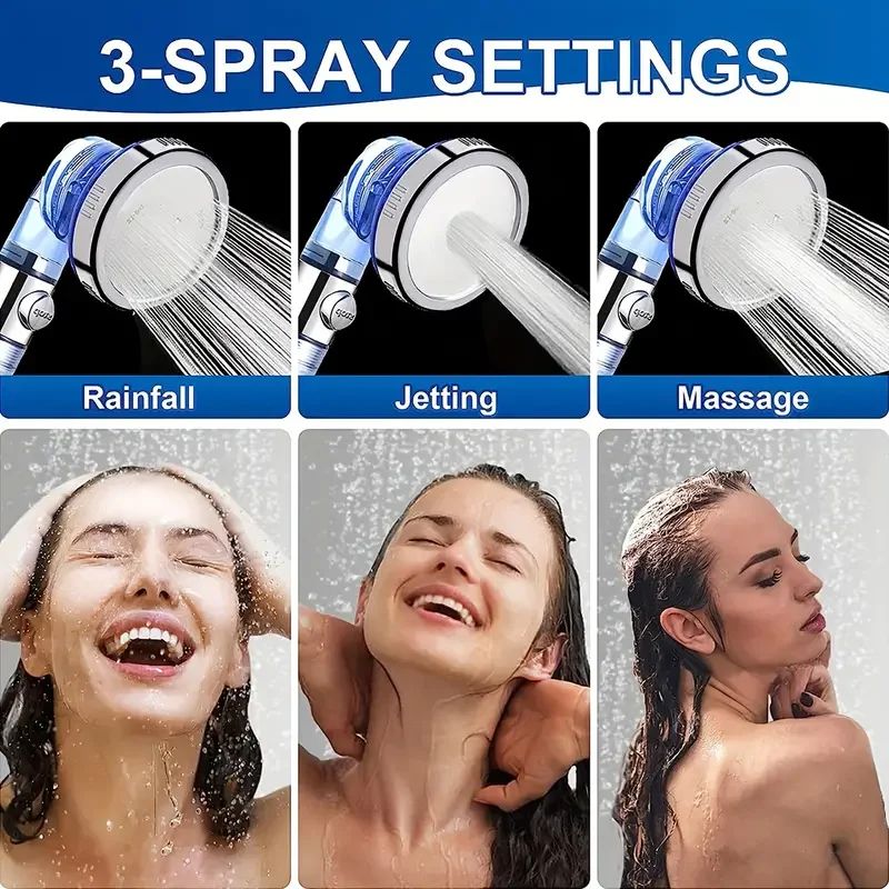 3-Mode High pressure shower head with Filtered shower head Beads & One-Touch Stop - Water-Saving Handheld Upgrade