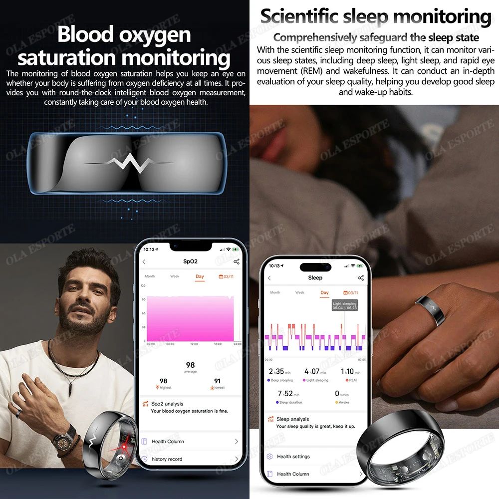 Smart Health Monitoring Ring Heart Rate SpO2 Blood Pressure Temperature Sleep Tracker