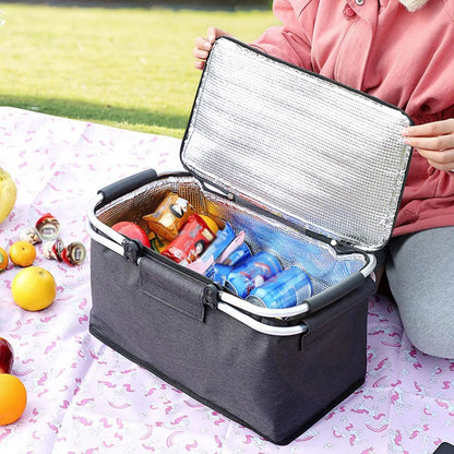 Foldable Insulated Picnic Basket – Large Capacity Aluminum Foil Thermal Cooler Tote with Sturdy Frame