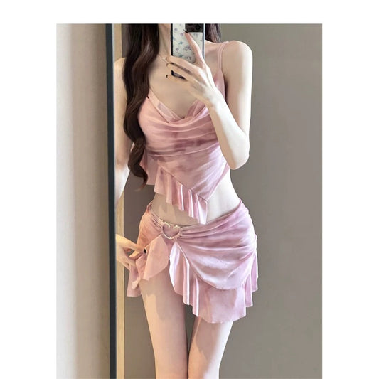Elegant Summer Bikini Set Women, Thailand Beach Vacation Swimsuit, Sexy Bathing Suit with Cover-Up Skirt