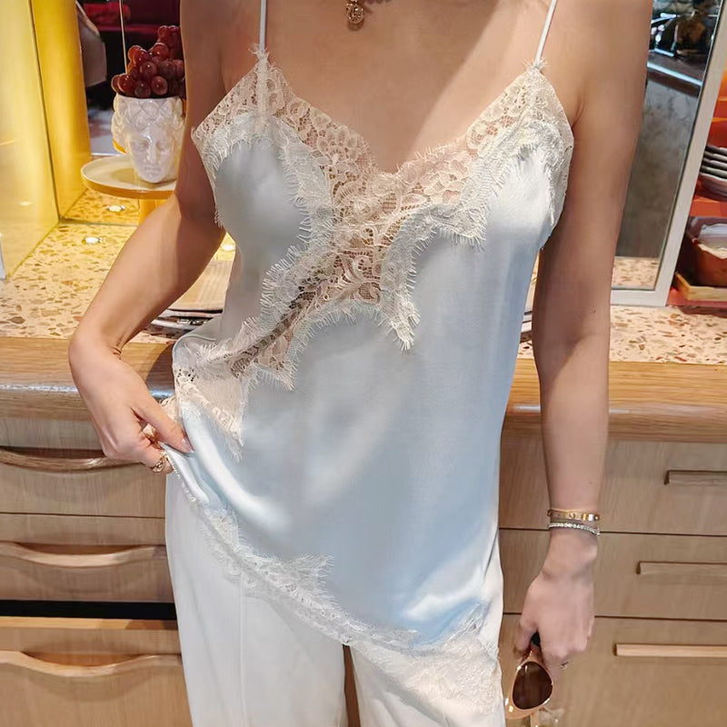 Asymmetrical Lace Satin Cami Top for Women