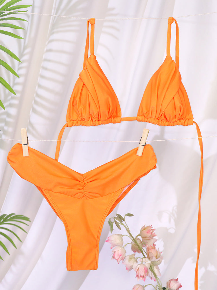 Sexy Woman Swimsuits String Bikini Set, High Cut Swimwear, Bandage Biquini Female Pleated Beachwear, Summer Bathing Suit