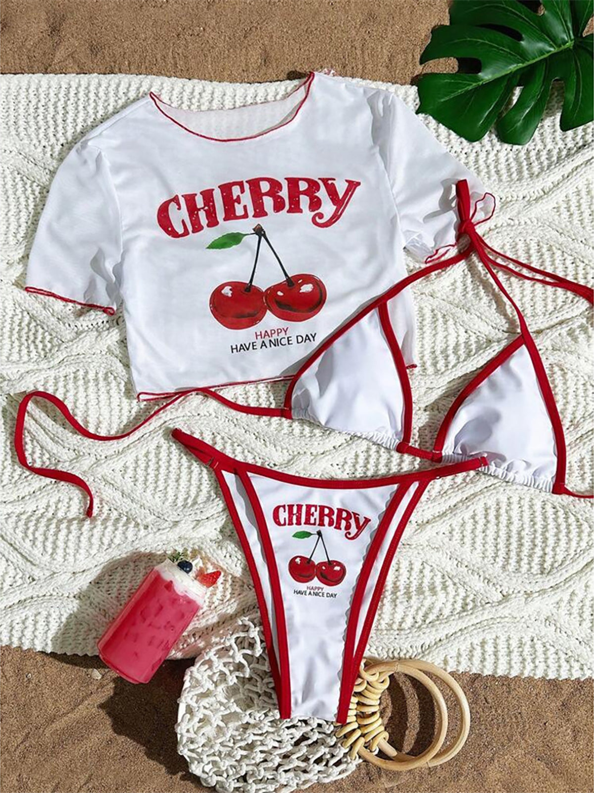 Cherry Print 3 Piece Women Swimsuit Short Sleeve Bikini Set
