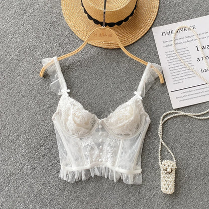 Sexy French Chic Lace Backless Corset Camisole Spaghetti Strap Top for Women