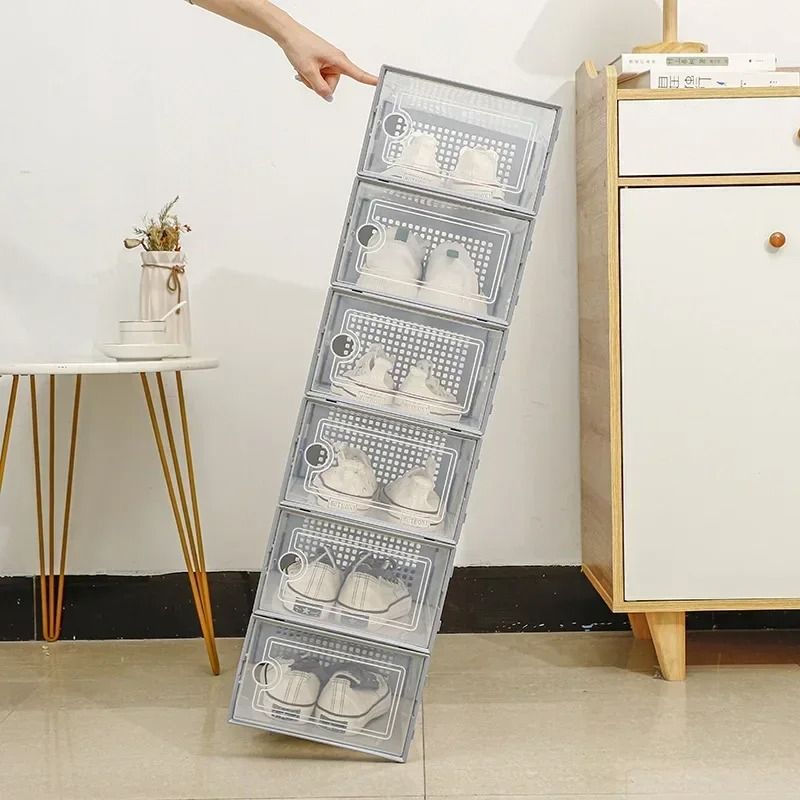 Transparent Stackable Shoe Storage Box Thickened Foldable Organizer with Flip Lid