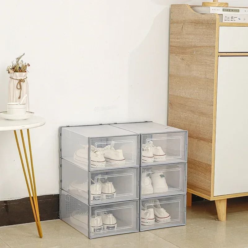 Transparent Stackable Shoe Storage Box Thickened Foldable Organizer with Flip Lid