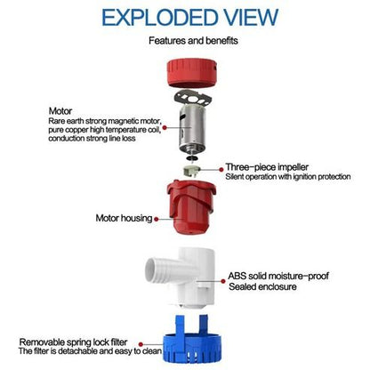 Electric Marine Bilge Water Pump for Boat, Submersible Sump, Durable, Easy Installation