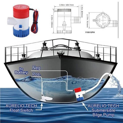 Electric Marine Bilge Water Pump for Boat, Submersible Sump, Durable, Easy Installation