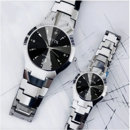 Tungsten Steel Color Quartz Calendar Watch - Elegant Couple's and Student Watch Set