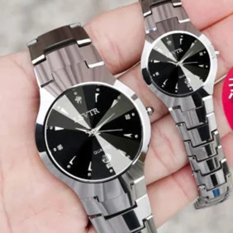 Tungsten Steel Color Quartz Calendar Watch - Elegant Couple's and Student Watch Set