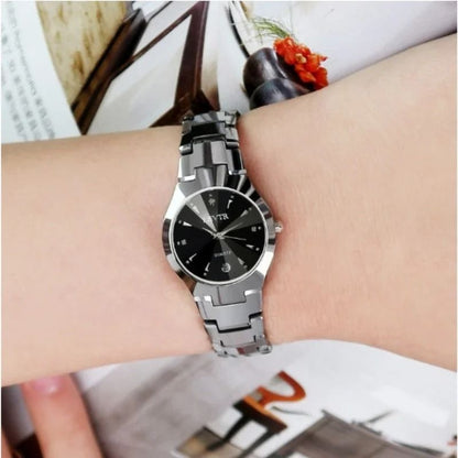 Tungsten Steel Color Quartz Calendar Watch - Elegant Couple's and Student Watch Set