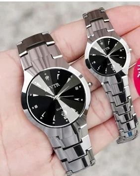 Tungsten Steel Color Quartz Calendar Watch - Elegant Couple's and Student Watch Set