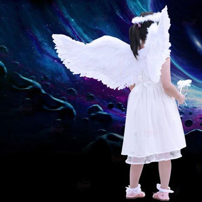 Angel Wings Costume Set with Feather Angel Wings, Halo Headband & Star Wand for Kids and Adults