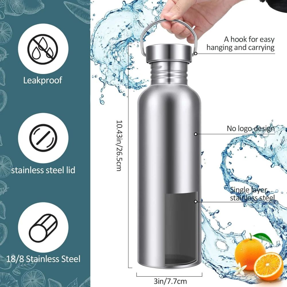 1000ml 304 Stainless Steel Water Bottle, Plastic-Free Wide Mouth, Dishwasher Safe (Single-Wall)