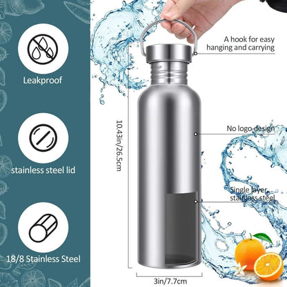 1000ml 304 Stainless Steel Water Bottle, Plastic-Free Wide Mouth, Dishwasher Safe (Single-Wall)