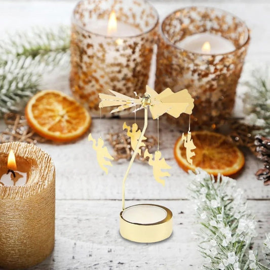 Rotating Christmas Tea Light Candle Holder – Gold Metal Candle Carousel Centerpiece