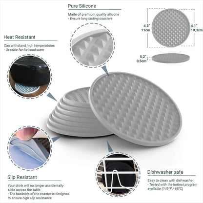 Silicone Coasters with Holder (Set of 6) – Thick, Non-Slip Drink Coasters for Hot & Cold Drinks