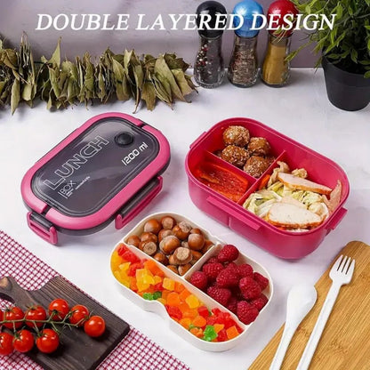 Leak Proof Bento Box for Kids – 2 Layer Kids Lunch Box with Cutlery, Microwave Safe Food Container