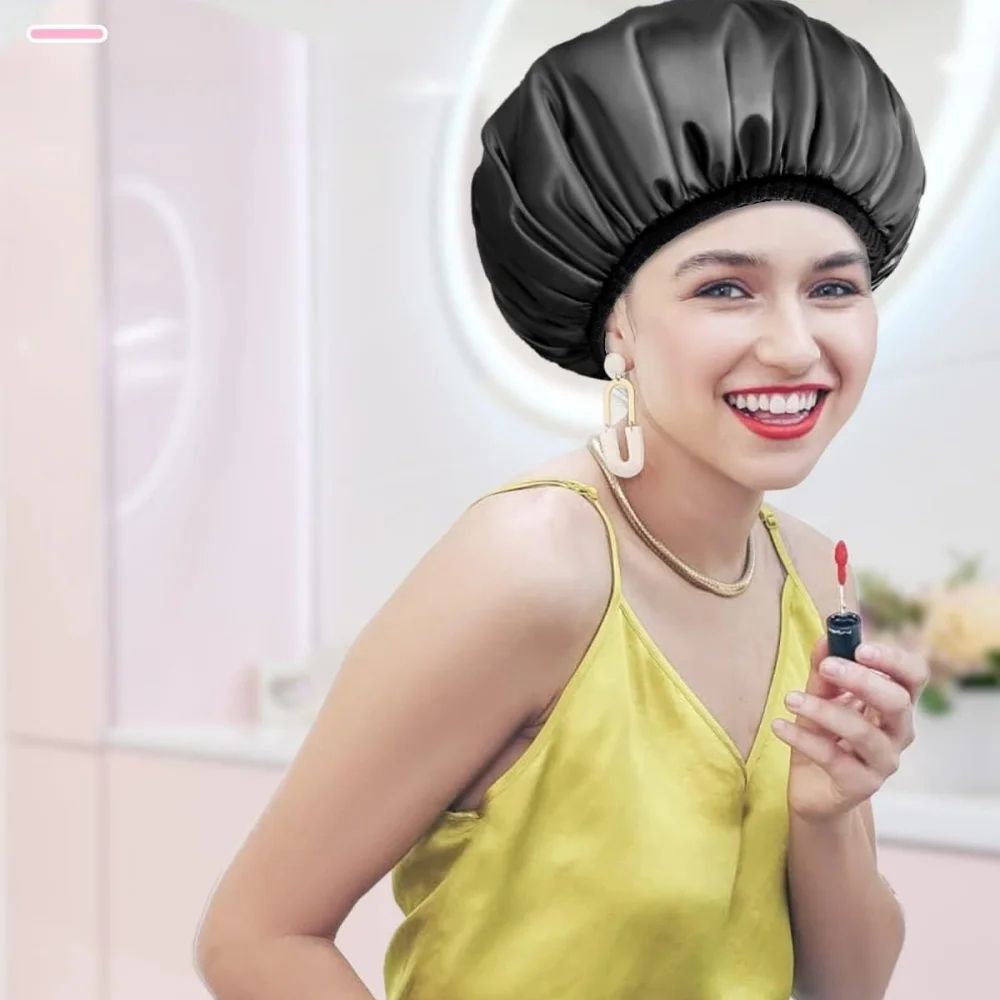 Waterproof Shower Cap with Microfiber Drying Lining – Satin Shower Cap for Dry, Frizz-Free Hair