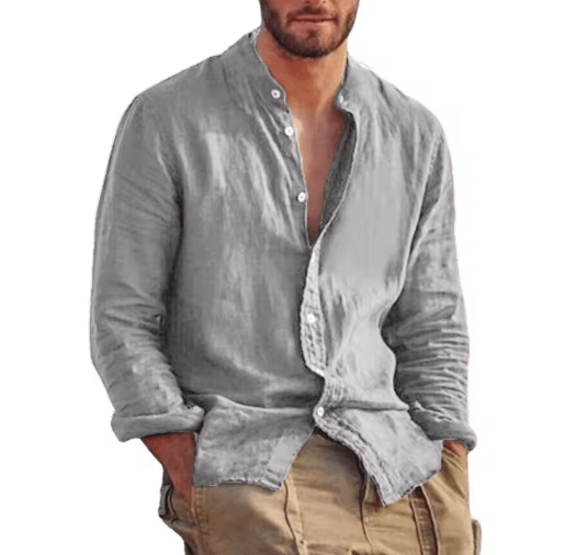 Mens Linen Long Sleeve Shirt Lightweight Stand Collar Casual Breathable Top