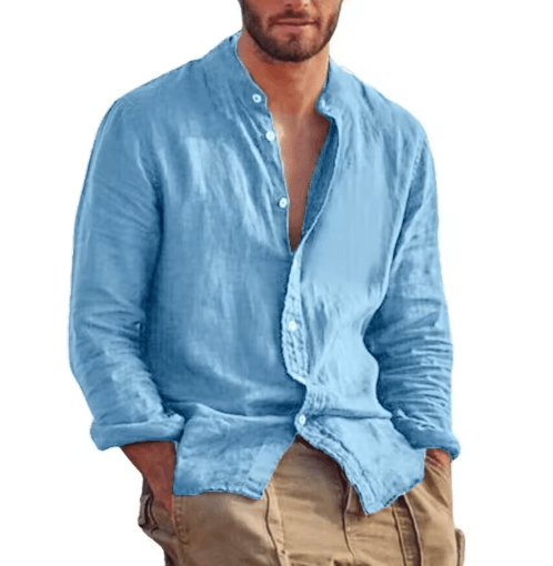 Mens Linen Long Sleeve Shirt Lightweight Stand Collar Casual Breathable Top