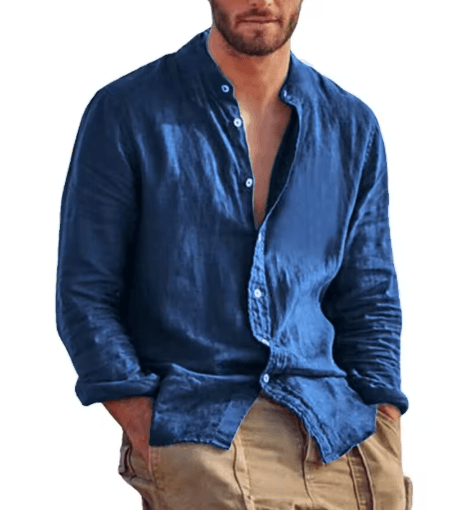 Mens Linen Long Sleeve Shirt Lightweight Stand Collar Casual Breathable Top