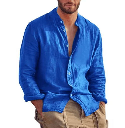 Mens Linen Long Sleeve Shirt Lightweight Stand Collar Casual Breathable Top