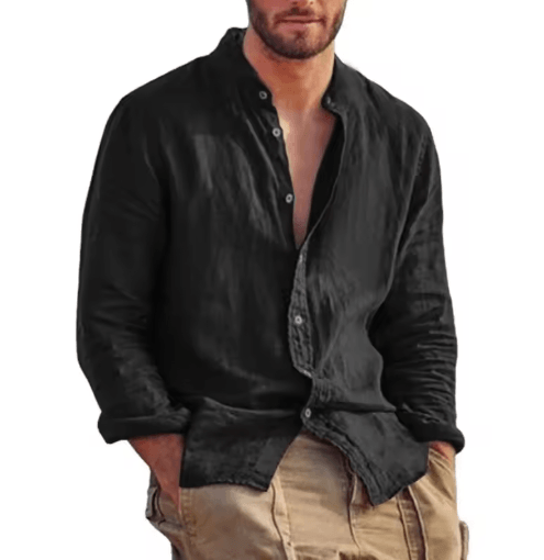 Mens Linen Long Sleeve Shirt Lightweight Stand Collar Casual Breathable Top