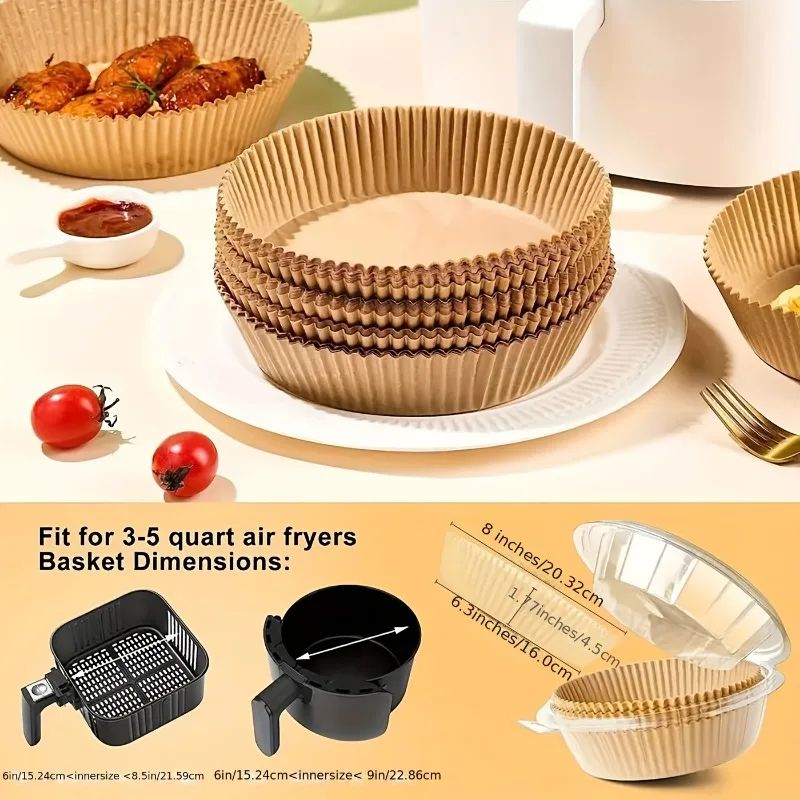 Air Fryer Paper Liners 50/100PCS – air fryer liners for Mess-Free Cooking, Oil-Proof parchment paper liners, Non-Stick