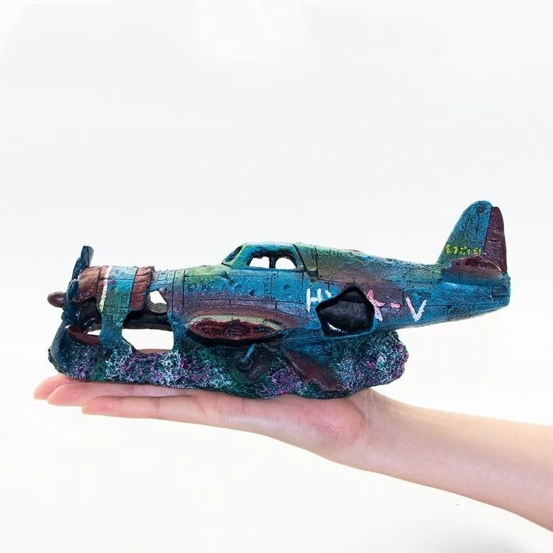 Artificial Plane Wreckage Aquarium Ornament – Resin Shelter House for Fish Tank Landscaping