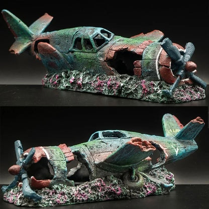 Artificial Plane Wreckage Aquarium Ornament – Resin Shelter House for Fish Tank Landscaping