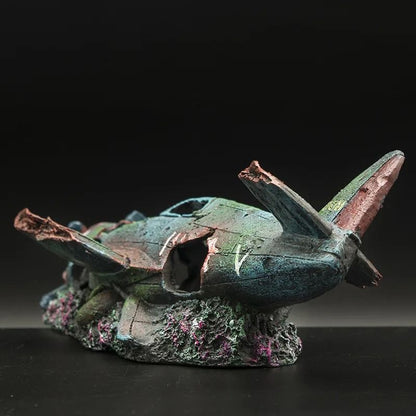 Artificial Plane Wreckage Aquarium Ornament – Resin Shelter House for Fish Tank Landscaping