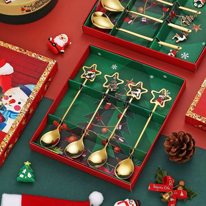 4PCS Christmas Coffee Spoon Set Gold Stainless Steel Festive Tableware