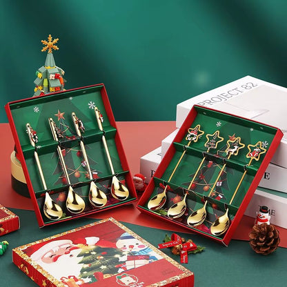 4PCS Christmas Coffee Spoon Set Gold Stainless Steel Festive Tableware