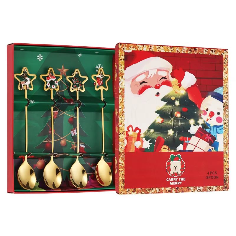 4PCS Christmas Coffee Spoon Set Gold Stainless Steel Festive Tableware