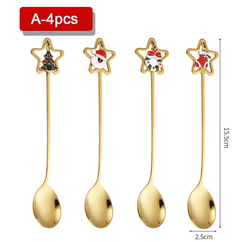 4PCS Christmas Coffee Spoon Set Gold Stainless Steel Festive Tableware