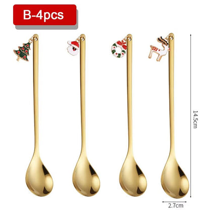 4PCS Christmas Coffee Spoon Set Gold Stainless Steel Festive Tableware