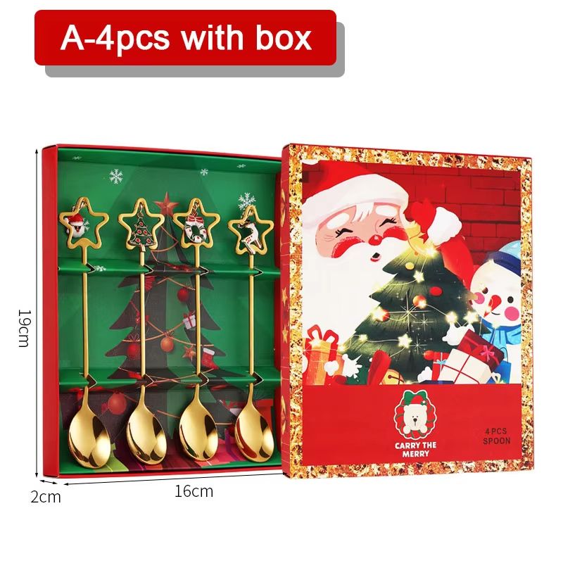 4PCS Christmas Coffee Spoon Set Gold Stainless Steel Festive Tableware