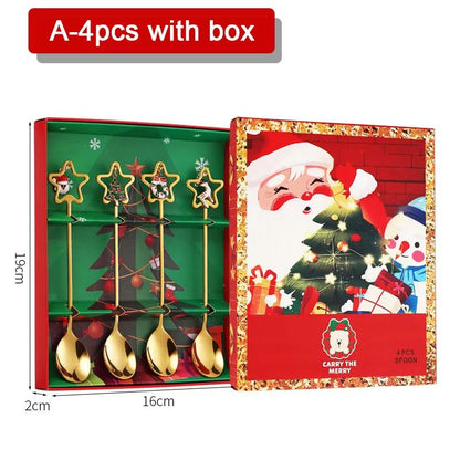 4PCS Christmas Coffee Spoon Set Gold Stainless Steel Festive Tableware