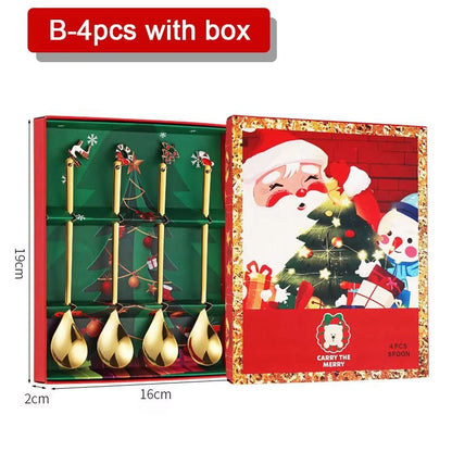 4PCS Christmas Coffee Spoon Set Gold Stainless Steel Festive Tableware