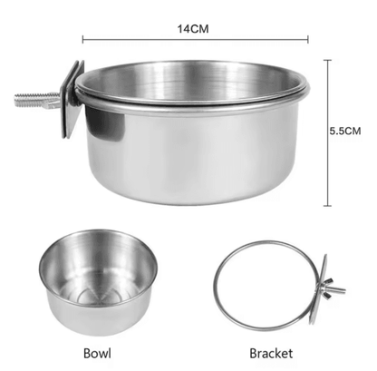 Stainless Steel Pet Food Dish with Clamp Hanging Feeding Bowl for Birds and Small Animals 10 to 14 cm