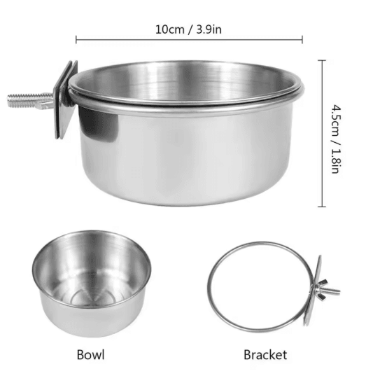 Stainless Steel Pet Food Dish with Clamp Hanging Feeding Bowl for Birds and Small Animals 10 to 14 cm