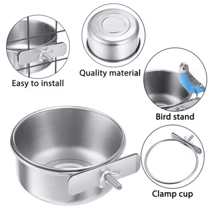 Stainless Steel Pet Food Dish with Clamp Hanging Feeding Bowl for Birds and Small Animals 10 to 14 cm